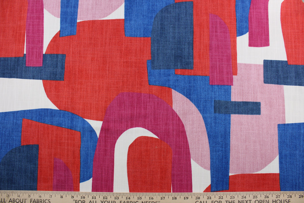 The Robert Allen© Schiele Arch in High Noon is the perfect combination of form and function. This multi-purpose contemporary print is made with a blend of red, blue, dusty rose, violet red and white, delivering a unique aesthetic to your home.  Offering 65,000 double rubs, this fabric offers superior durability.  It can be used for several different statement projects including window accents (drapery, curtains and swags), toss pillows, headboards, bed skirts, duvet covers, upholstery, and more.