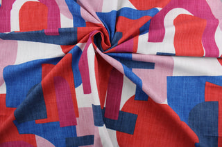 The Robert Allen© Schiele Arch in High Noon is the perfect combination of form and function. This multi-purpose contemporary print is made with a blend of red, blue, dusty rose, violet red and white, delivering a unique aesthetic to your home.  Offering 65,000 double rubs, this fabric offers superior durability.  It can be used for several different statement projects including window accents (drapery, curtains and swags), toss pillows, headboards, bed skirts, duvet covers, upholstery, and more.