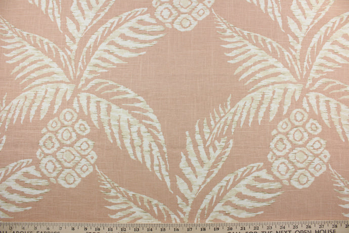 The multipurpose linen blend adds an elegant texture, while its distinct pattern features white pineapples against a blush background to add a natural beauty to any room. It can be used for several different statement projects including window accents (drapery, curtains and swags), toss pillows, headboards, bed skirts, duvet covers and light upholstery. 