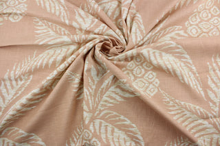 The multipurpose linen blend adds an elegant texture, while its distinct pattern features white pineapples against a blush background to add a natural beauty to any room. It can be used for several different statement projects including window accents (drapery, curtains and swags), toss pillows, headboards, bed skirts, duvet covers and light upholstery. 