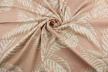 Load image into Gallery viewer, The multipurpose linen blend adds an elegant texture, while its distinct pattern features white pineapples against a blush background to add a natural beauty to any room. It can be used for several different statement projects including window accents (drapery, curtains and swags), toss pillows, headboards, bed skirts, duvet covers and light upholstery. 
