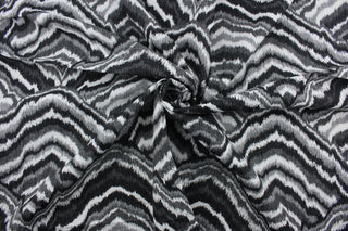 The Robert Allen© Agate multiuse fabric features a stylish abstract pattern, available in a black, gray and white color palette. It's ultra-durable, offering 100,000 double rubs and is soil and stain resistant for added convenience.  Perfect for window treatments (draperies, valances, curtains, and swags), upholstery, bed skirts, duvet covers, pillow shams and accent pillows.  
