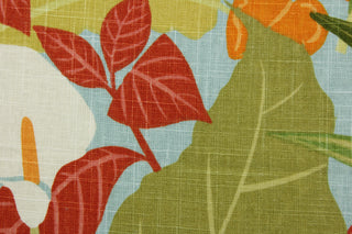 Robert Allen© Rowlily in Palm Beach is the perfect multi-purpose fabric.  Crafted from a linen blend, the fabric features a bright and colorful floral motif in shades of blue, green, orange, red, and eggshell.  This durable material is rated for 30,000 double rubs and is soil and stain resistant.  Perfect for window treatments (draperies, valances, curtains, and swags), upholstery, bed skirts, duvet covers, pillow shams and accent pillows.  