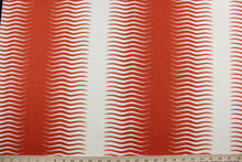 Load image into Gallery viewer, This contemporary Robert Allen© Gita Stripe fabric features a modern geometric print in the stylish colors of persimmon and white.  It can be used for several different statement projects including window accents (drapery, curtains and swags), toss pillows, headboards, bedding, upholstery and home décor.
