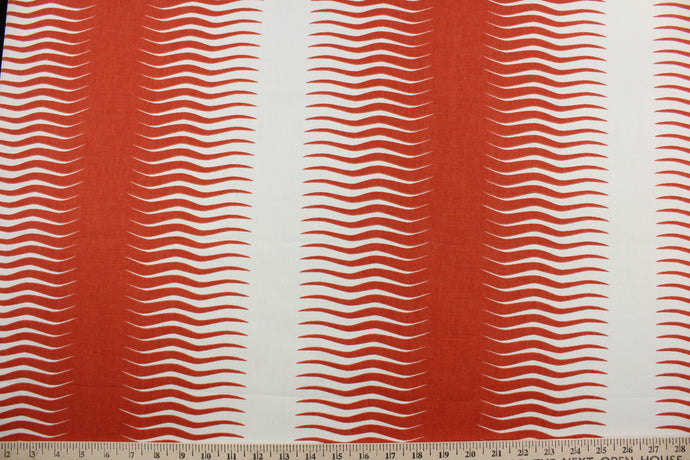 This contemporary Robert Allen© Gita Stripe fabric features a modern geometric print in the stylish colors of persimmon and white.  It can be used for several different statement projects including window accents (drapery, curtains and swags), toss pillows, headboards, bedding, upholstery and home décor.