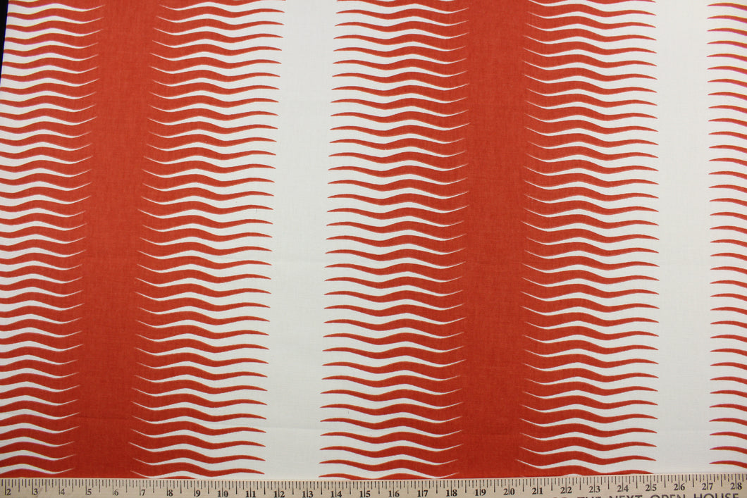 This contemporary Robert Allen© Gita Stripe fabric features a modern geometric print in the stylish colors of persimmon and white.  It can be used for several different statement projects including window accents (drapery, curtains and swags), toss pillows, headboards, bedding, upholstery and home décor.