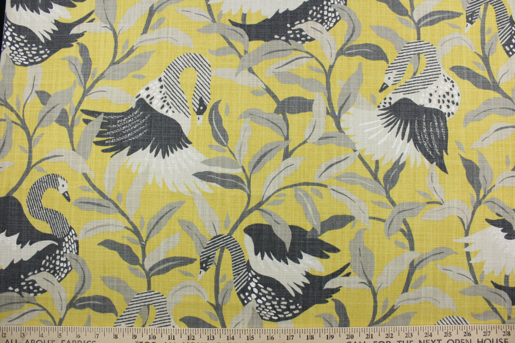 The Robert Allen© Swanwood in Saffron is the perfect choice for a playful and durable look in any room.  It features a unique and cheerful design of gray and beige swans dancing on citrine and gray vines.  With 65,000 double rubs, this multipurpose fabric is sure to look great for years to come.  Perfect for window treatments (draperies, valances, curtains, and swags), upholstery, bed skirts, duvet covers, pillow shams and accent pillows.