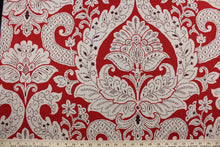 Load image into Gallery viewer, The Robert Allen© Betsy in Red features a multipurpose linen blend, with a floral damask print in natural and brown on a red background.  Perfect for adding a touch of elegance to your home décor.  It can be used for several different statement projects including window accents (drapery, curtains and swags), toss pillows, headboards, bed skirts, duvet covers, upholstery, and more.
