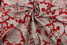 Load image into Gallery viewer, The Robert Allen© Betsy in Red features a multipurpose linen blend, with a floral damask print in natural and brown on a red background.  Perfect for adding a touch of elegance to your home décor.  It can be used for several different statement projects including window accents (drapery, curtains and swags), toss pillows, headboards, bed skirts, duvet covers, upholstery, and more.
