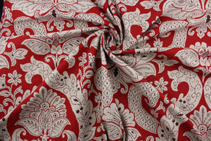 The Robert Allen© Betsy in Red features a multipurpose linen blend, with a floral damask print in natural and brown on a red background.  Perfect for adding a touch of elegance to your home décor.  It can be used for several different statement projects including window accents (drapery, curtains and swags), toss pillows, headboards, bed skirts, duvet covers, upholstery, and more.