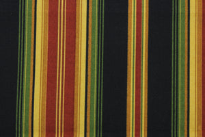 This Richloom© Lyndhurst in Raven multipurpose outdoor fabric adds a unique style to any space, featuring stripes of green, black, yellow, brick red, and goldenrod.  Durable and long-lasting, it is rated for 10,000 double rubs.  Can withstand up to 500 hours of direct sunlight, it is also water and stain resistant.  Perfect for patio, deck and poolside.  It can be used for several different statement projects including cushions, upholstery projects and decorative pillows. 