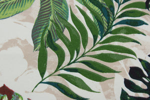 The Richloom Solarium© Piermont in Floral print contains bold, tropical palm leaves in shades of green, beige, black, and brown making it ideal for outdoor multipurpose use.  It has been tested to resist 500 hours of exposure to sunlight.  The fabric is also water and stain resistant.  Perfect for porches, patios and pool side.  Uses include toss pillows, cushions, upholstery, tote bags and more. 