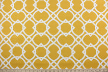 Load image into Gallery viewer, This multipurpose fabric features a bright geometric print in yellow and white, and is both stain and water resistant.  Best of all, it adds a pop of color to your outdoor living area.  Perfect for porches, patios and pool side.  Uses include toss pillows, cushions, upholstery, umbrellas, tote bags and more. 
