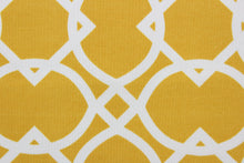 Load image into Gallery viewer, This multipurpose fabric features a bright geometric print in yellow and white, and is both stain and water resistant.  Best of all, it adds a pop of color to your outdoor living area.  Perfect for porches, patios and pool side.  Uses include toss pillows, cushions, upholstery, umbrellas, tote bags and more. 
