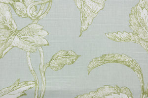 The Richloom Platinum Collection© Oliver fabric has been designed with a classic yet elegant design featuring a beautiful floral leaf vine pattern in shades of green and white. This multipurpose fabric offers outstanding durability and resistance to wear and tear.  It can be used for several different statement projects including window accents (drapery, curtains and swags), toss pillows, headboards, bed skirts, duvet covers, upholstery, and more.