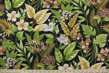 Load image into Gallery viewer, The Richloom Solarium© Cavena in Ebony fabric combines a tropical floral print in green, gray, rustic brown, wheat, and gold against an ebony background, resulting in a versatile fabric that&#39;s perfect for any project.  Its vibrant colors will bring a bold aesthetic to any space.  This fabric is U/V fade and water/stain resistant.  Perfect for porches, patios and pool side.  Uses include toss pillows, cushions, upholstery, tote bags and more. 
