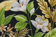 Load image into Gallery viewer, The Richloom Solarium© Cavena in Ebony fabric combines a tropical floral print in green, gray, rustic brown, wheat, and gold against an ebony background, resulting in a versatile fabric that&#39;s perfect for any project.  Its vibrant colors will bring a bold aesthetic to any space.  This fabric is U/V fade and water/stain resistant.  Perfect for porches, patios and pool side.  Uses include toss pillows, cushions, upholstery, tote bags and more. 
