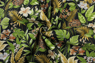 The Richloom Solarium© Cavena in Ebony fabric combines a tropical floral print in green, gray, rustic brown, wheat, and gold against an ebony background, resulting in a versatile fabric that's perfect for any project.  Its vibrant colors will bring a bold aesthetic to any space.  This fabric is U/V fade and water/stain resistant.  Perfect for porches, patios and pool side.  Uses include toss pillows, cushions, upholstery, tote bags and more. 