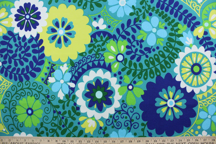   Introducing Richloom Solarium's© Luxury in Azure. It features a multipurpose outdoor floral print in bold colors of azure, lime green, white, chartreuse, and teal.  Its vibrant colors will bring a bold aesthetic to any space.  This fabric is U/V fade and water/stain resistant.  Perfect for porches, patios and pool side.  Uses include toss pillows, cushions, upholstery, tote bags and more. 