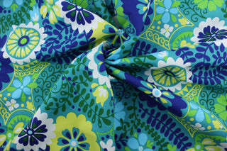  Introducing Richloom Solarium's© Luxury in Azure. It features a multipurpose outdoor floral print in bold colors of azure, lime green, white, chartreuse, and teal.  Its vibrant colors will bring a bold aesthetic to any space.  This fabric is U/V fade and water/stain resistant.  Perfect for porches, patios and pool side.  Uses include toss pillows, cushions, upholstery, tote bags and more. 