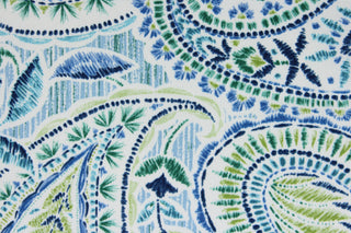  Bring style to your outdoor living space with Richloom Solarium© Arctic in Capri. This multipurpose fabric features a vibrant paisley floral print in shades of blue, green, teal, and white, perfect for all your outdoor decorating needs. This fabric is U/V fade and water/stain resistant.  Perfect for porches, patios and pool side.  Uses include toss pillows, cushions, upholstery, tote bags and more. 