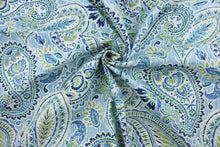 Load image into Gallery viewer,  Bring style to your outdoor living space with Richloom Solarium© Arctic in Capri. This multipurpose fabric features a vibrant paisley floral print in shades of blue, green, teal, and white, perfect for all your outdoor decorating needs. This fabric is U/V fade and water/stain resistant.  Perfect for porches, patios and pool side.  Uses include toss pillows, cushions, upholstery, tote bags and more. 
