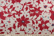 Load image into Gallery viewer,  The Robert Allen© Artful Floral in Poppy is a versatile print, featuring a poppy red, blue/green, and natural color combination.  It&#39;s durable, boasting a 100,000 double rub rating.  It can be used for several different statement projects including window accents (drapery, curtains and swags), toss pillows, headboards, bed skirts, duvet covers and upholstery. 
