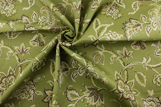 This multipurpose Robert Allen© Sea Breeze in Fennel fabric features a beautiful floral vine print in earthy tones of green, brown, gold, and yellow. With soil and stain repellant properties, this fabric is highly resistant to everyday wear and tear. It can be used for several different statement projects including window accents (drapery, curtains and swags), toss pillows, headboards, bed skirts, duvet covers and upholstery. 