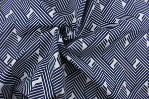 Try the Robert Allen© Knot Stripe in Navy, an outdoor-friendly multipurpose fabric with a geometrical striped print in navy blue and white.  Its 100,000 double rubs, water and stain repellant, mildew resistant, and superior light fastness make it a reliable and durable choice for all your outdoor needs. Use for pillows, cushions, upholstery, umbrellas, tote bags, and more.