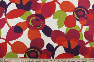  a bright and vibrant abstract floral print in shades of red, green, orange, berry, and purple against a white background.  Its stain, moisture, and odor resistant properties make this a durable and reliable fabric for any project.  It can be used for several different statement projects including window accents (drapery, curtains and swags), toss pillows, headboards, bed skirts, duvet covers, home décor, and upholstery. 