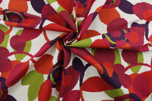 Load image into Gallery viewer,  a bright and vibrant abstract floral print in shades of red, green, orange, berry, and purple against a white background.  Its stain, moisture, and odor resistant properties make this a durable and reliable fabric for any project.  It can be used for several different statement projects including window accents (drapery, curtains and swags), toss pillows, headboards, bed skirts, duvet covers, home décor, and upholstery. 
