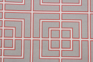 Robert Allen© Frestscene in Coral is a high performance, multipurpose outdoor fabric. Featuring a stylish geometrical print, this fabric is perfect for any outdoor space, like porches, patios, or poolside. The coral, taupe, and ivory color palette adds warmth and style. Its 100,000 double rubs, water and stain repellant, mildew resistant, and superior light fastness make it a reliable and durable choice for all your outdoor needs. Use for pillows, cushions, upholstery, umbrellas, tote bags, and more.