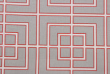 Load image into Gallery viewer, Robert Allen© Frestscene in Coral is a high performance, multipurpose outdoor fabric. Featuring a stylish geometrical print, this fabric is perfect for any outdoor space, like porches, patios, or poolside. The coral, taupe, and ivory color palette adds warmth and style. Its 100,000 double rubs, water and stain repellant, mildew resistant, and superior light fastness make it a reliable and durable choice for all your outdoor needs. Use for pillows, cushions, upholstery, umbrellas, tote bags, and more.
