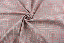 Load image into Gallery viewer, Robert Allen© Frestscene in Coral is a high performance, multipurpose outdoor fabric. Featuring a stylish geometrical print, this fabric is perfect for any outdoor space, like porches, patios, or poolside. The coral, taupe, and ivory color palette adds warmth and style. Its 100,000 double rubs, water and stain repellant, mildew resistant, and superior light fastness make it a reliable and durable choice for all your outdoor needs. Use for pillows, cushions, upholstery, umbrellas, tote bags, and more.
