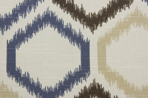 This Robert Allen© Ikat Trellis in Mineral is perfect for any space. The multipurpose fabric features a geometrical ikat print in a mineral colorway of brown, blue, and tan. It is durable with 30,000 double rubs and soil and stain resistant. It can be used for several different statement projects including window accents (drapery, curtains and swags), toss pillows, headboards, bed skirts, duvet covers and upholstery. 
