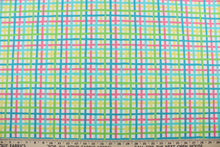 Load image into Gallery viewer, This 100,000 double rub UVA protective fabric is water and stain repellent and mildew resistant. The bright vivid colors of turquoise, grass green, bright yellow, pink, and bright white bring a perfect splash of color to your porches, patio&#39;s, and poolside. Use for pillows, cushions, upholstery, umbrellas, tote bags, and more.
