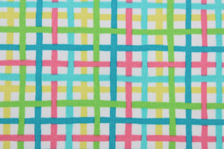 This 100,000 double rub UVA protective fabric is water and stain repellent and mildew resistant. The bright vivid colors of turquoise, grass green, bright yellow, pink, and bright white bring a perfect splash of color to your porches, patio's, and poolside. Use for pillows, cushions, upholstery, umbrellas, tote bags, and more.