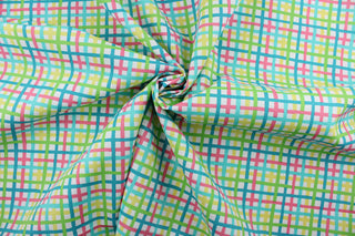 This 100,000 double rub UVA protective fabric is water and stain repellent and mildew resistant. The bright vivid colors of turquoise, grass green, bright yellow, pink, and bright white bring a perfect splash of color to your porches, patio's, and poolside. Use for pillows, cushions, upholstery, umbrellas, tote bags, and more.