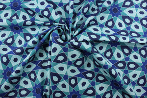 The Robert Allen© Starscope in Turquoise is a multipurpose fabric with a beautiful geometric print in shades of turquoise, navy blue, and white.  It is also soil and stain resistant, making it perfect for any home.  It can be used for several different statement projects including window accents (drapery, curtains and swags), toss pillows, headboards, bed skirts, duvet covers and upholstery. 