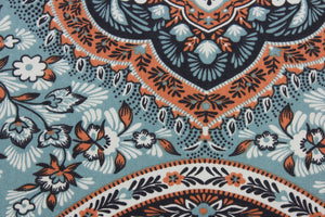 This multi-purpose fabric features a floral damask print with a mix of aqua, white, coral, and black colors. Crafted with a soil and stain repellent finish, it's perfect for anything from drapery to upholstery.  It can be used for several different statement projects including window accents (drapery, curtains and swags), toss pillows, headboards, bed skirts, duvet covers, upholstery, and more.