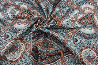 This multi-purpose fabric features a floral damask print with a mix of aqua, white, coral, and black colors. Crafted with a soil and stain repellent finish, it's perfect for anything from drapery to upholstery.  It can be used for several different statement projects including window accents (drapery, curtains and swags), toss pillows, headboards, bed skirts, duvet covers, upholstery, and more.