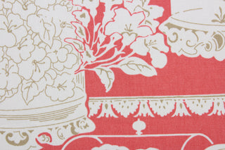 This P Kaufmann© Sun Parlor fabric features a beautiful, spring-inspired design featuring decorative jars, bird cages, flowers, and butterflies, in a combination of coral, tan and white.  It's a versatile and multipurpose fabric, with a 15,000 double rub rating that makes it durable and soil and stain resistant.  It can be used for several different statement projects including window accents (drapery, curtains and swags), toss pillows, headboards, bed skirts, duvet covers and upholstery. 