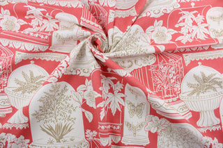 This P Kaufmann© Sun Parlor fabric features a beautiful, spring-inspired design featuring decorative jars, bird cages, flowers, and butterflies, in a combination of coral, tan and white.  It's a versatile and multipurpose fabric, with a 15,000 double rub rating that makes it durable and soil and stain resistant.  It can be used for several different statement projects including window accents (drapery, curtains and swags), toss pillows, headboards, bed skirts, duvet covers and upholstery. 