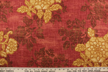 Load image into Gallery viewer,  Robert Allen© Belle Crest in Claret is a multipurpose linen blend fabric featuring a red, gold, and brown floral design. This fabric is made for durability, with up to 30,000 double rubs and soil and stain resistant properties. It can be used for several different statement projects including window accents (drapery, curtains and swags), toss pillows, headboards, bed skirts, duvet covers and upholstery. 
