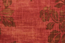 Load image into Gallery viewer,  Robert Allen© Belle Crest in Claret is a multipurpose linen blend fabric featuring a red, gold, and brown floral design. This fabric is made for durability, with up to 30,000 double rubs and soil and stain resistant properties. It can be used for several different statement projects including window accents (drapery, curtains and swags), toss pillows, headboards, bed skirts, duvet covers and upholstery. 
