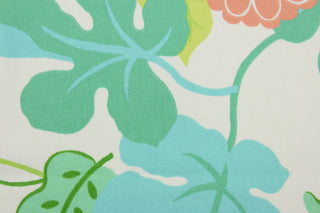 Robert Allen© Sunscape in Spring is a multipurpose fabric printed with a vibrant floral vine pattern, featuring a turquoise, pink, lime green, and grass green on a white background. The fabric is durable with 50,000 double rubs and is resistant to soil and stains. It can be used for several different statement projects including window accents (drapery, curtains and swags), toss pillows, headboards, bed skirts, duvet covers and upholstery. 