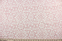 Load image into Gallery viewer, Expertly crafted, the Embroidered Grandfleur in Vanilla Cameo is an intricate floral embroidery in rose pink against an off white background, making a statement of elegance and sophistication.  Uses include drapery, pillows, light upholstery, table runners, bedding, headboards, home décor and apparel.  
