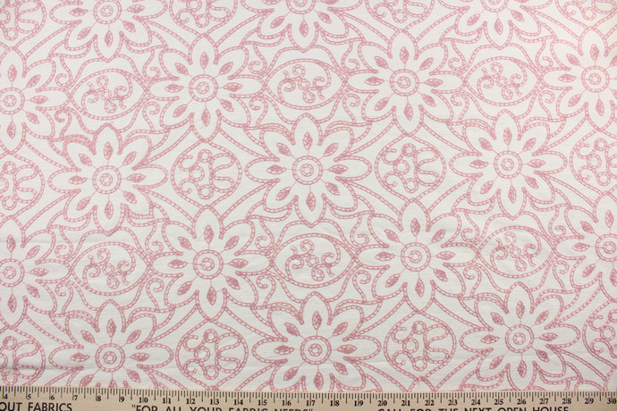 Expertly crafted, the Embroidered Grandfleur in Vanilla Cameo is an intricate floral embroidery in rose pink against an off white background, making a statement of elegance and sophistication.  Uses include drapery, pillows, light upholstery, table runners, bedding, headboards, home décor and apparel.  