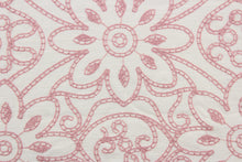Load image into Gallery viewer,  Expertly crafted, the Embroidered Grandfleur in Vanilla Cameo is an intricate floral embroidery in rose pink against an off white background, making a statement of elegance and sophistication.  Uses include drapery, pillows, light upholstery, table runners, bedding, headboards, home décor and apparel.  
