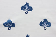 Load image into Gallery viewer, Effortlessly elevate any space with the versatile and elegant Embroidered August in Twilight.  The finely embroidered medium blue medallion with pearl grey accents, set against a white background adds a touch of sophistication to drapery, pillows, light upholstery, table runners, bedding, headboards, home décor, and even apparel. Perfect for any style or purpose.
